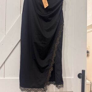 Black Asymmetrical Ruched Midi Skirt